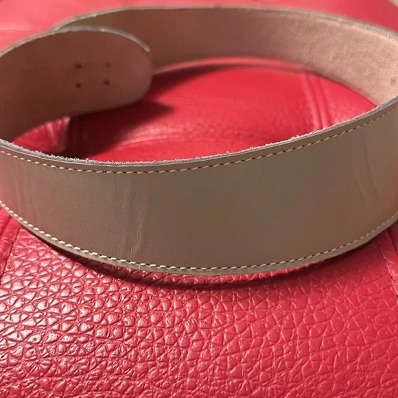 Vintage Anna Klein beige tan leather wide belt with goldtone lion head Sz M - Picture 7 of 9